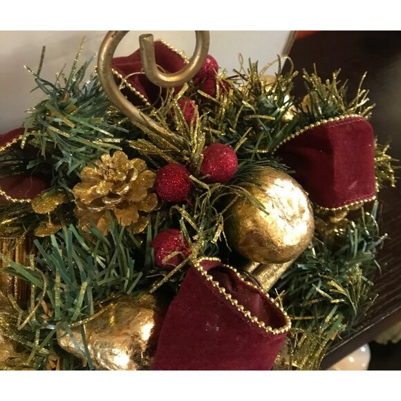 Festive Gold & Burgundy Christmas Candle Holder Centerpiece Decoration 11" tall - Picture 4 of 8